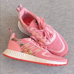 Adidas Multix J Low Women's Pink Floral Sneakers Size 6 Shiny Stripes Athleisure